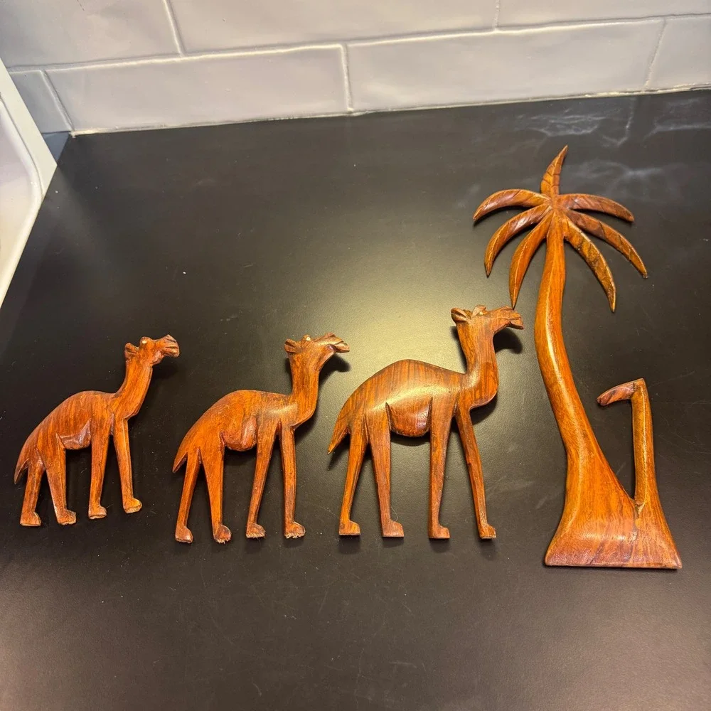 Handcrafted Wood Wall Art Set 4pc Brown Camel Palm Tree Desert Silhouette Decor